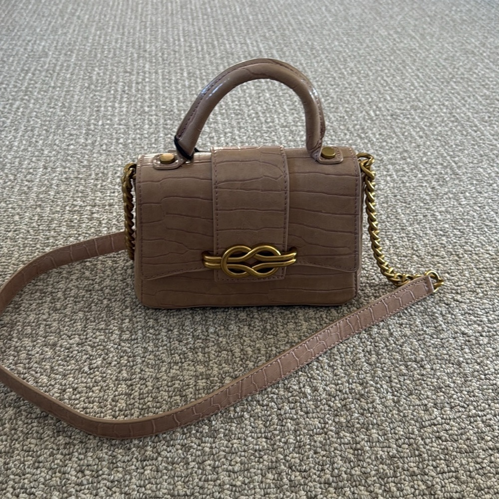 ZARA Tan Croc Print Top Handle Crossbody Flap Bag Gold
